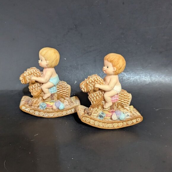 Two Resin Baby Figurines Riding Rocking Horse Vintage Decor 3.5" Nursery - Picture 3 of 8